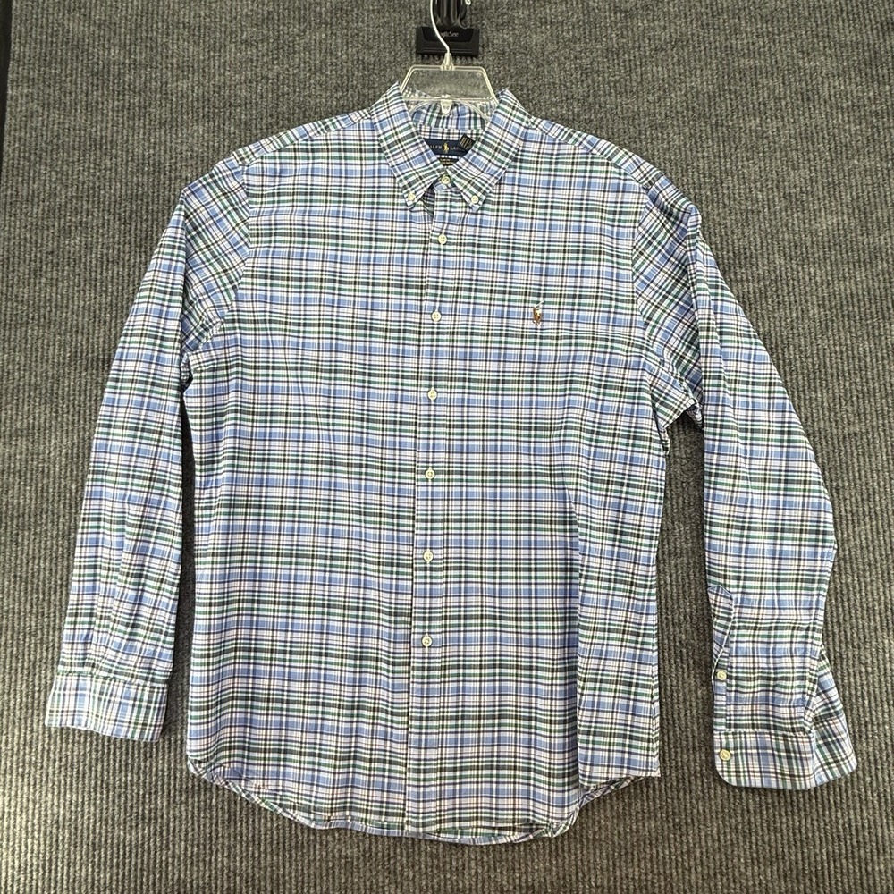 Ralph Lauren Slim Fit Stretch Oxford Plaid Dress Shirt XXL Blue‎ Green Cotton